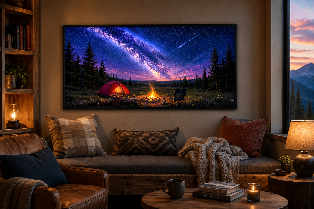 Canvas art of a campfire and tent under the Milky Way and a shooting star in a cozy living room.
