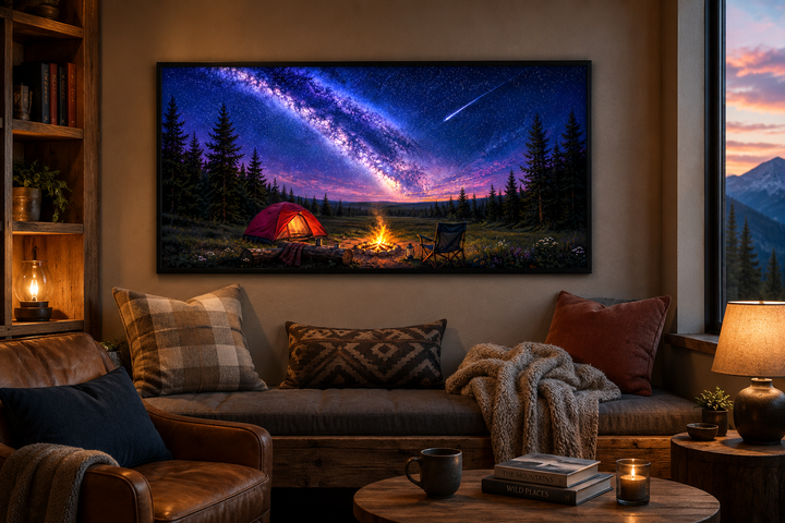 Canvas art of a campfire and tent under the Milky Way and a shooting star in a cozy living room.