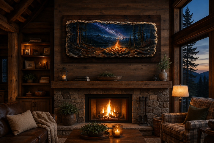 Campfire wall art canvas print hanging above a stone fireplace mantel in a rustic cabin living room.
