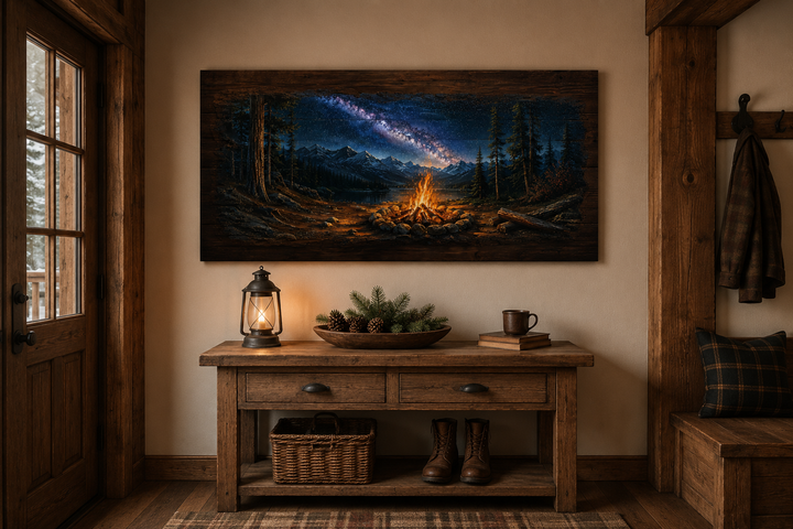 Rustic campfire wall art above a wooden console table in a cozy cabin entryway.
