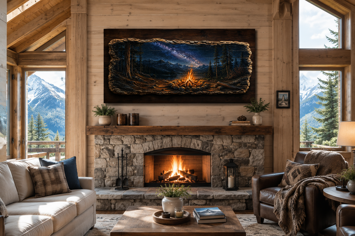 Rustic campfire wall art canvas hanging above a stone fireplace mantel in a cozy cabin living room.
