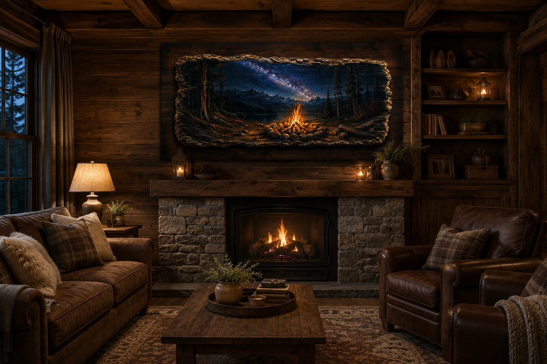 Rustic campfire wall art with a starry night sky displayed above a stone fireplace in a cabin.