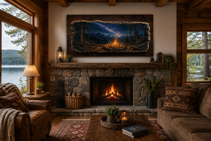 Rustic campfire wall art canvas hanging above a stone fireplace mantel in a cozy cabin living room.