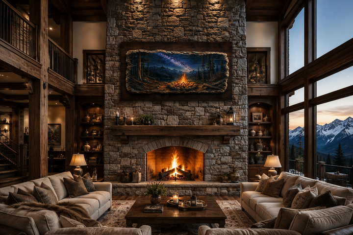 Campfire wall art canvas print hanging above a stone fireplace mantel in a rustic cabin living room.