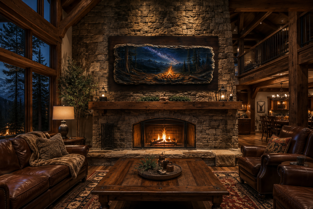 Rustic campfire wall art canvas above a stone fireplace mantel in a cozy cabin living room.