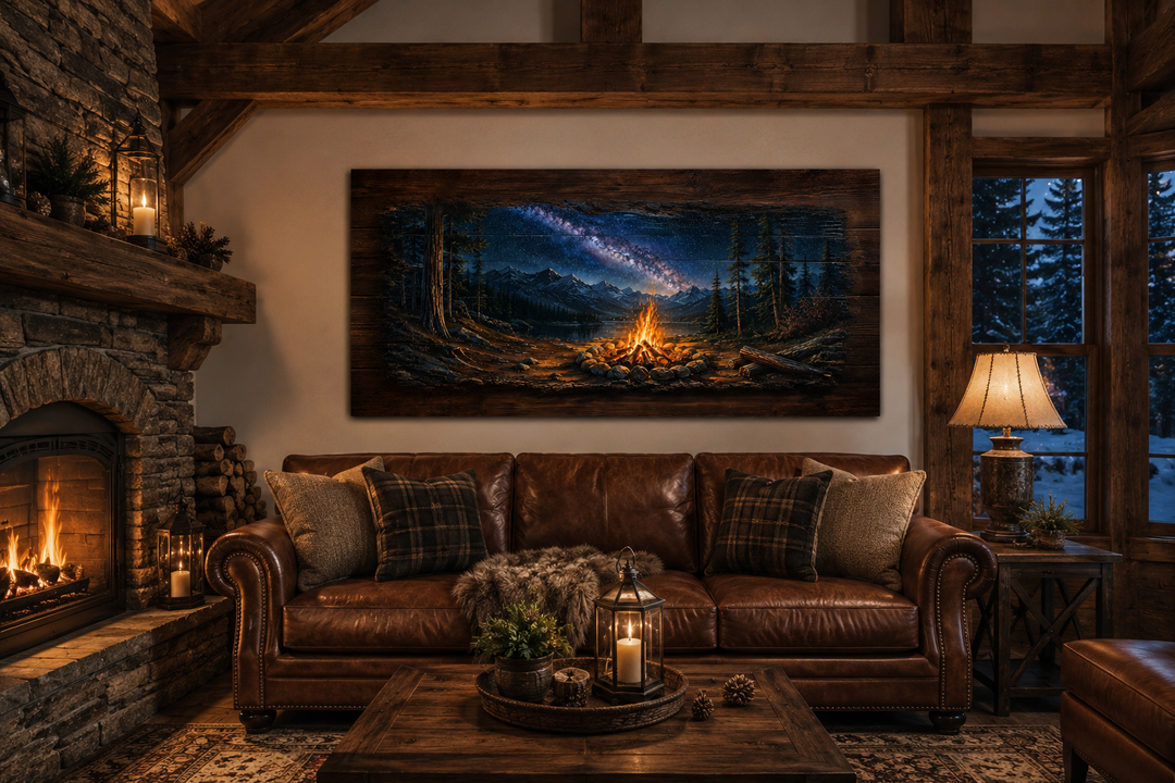 Campfire wall art canvas above a leather sofa in a rustic cabin living room with a stone fireplace.
