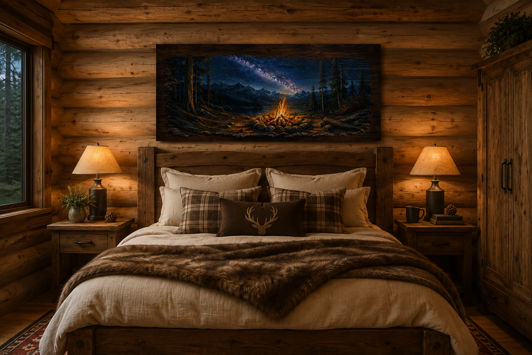 Rustic campfire wall art above a bed in a log cabin with mountains and a starry night sky.