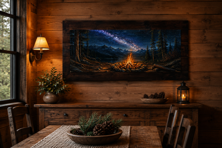 Rustic campfire wall art with a starry night sky and mountains above a wooden sideboard.