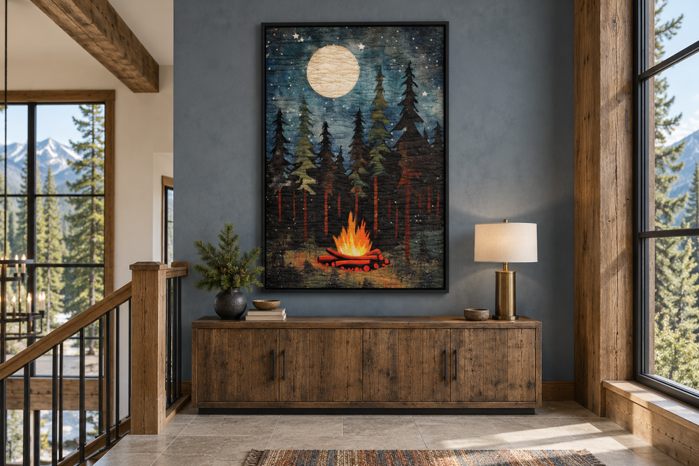 Framed canvas wall art of a campfire in a forest under a full moon, displayed above a wooden console.