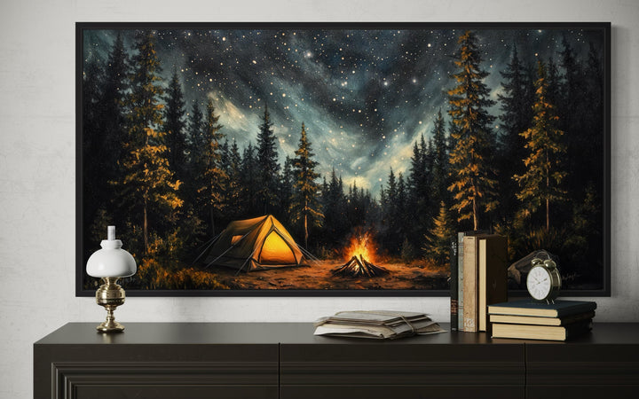 Camping Under The Stars - Cozy Campfire And Tent In Forest At Night Framed Canvas Wall Art