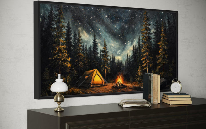 Camping Under The Stars - Cozy Campfire And Tent In Forest At Night Framed Canvas Wall Art