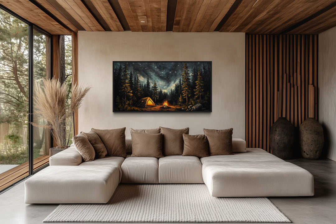 Camping Under The Stars - Cozy Campfire And Tent In Forest At Night Framed Canvas Wall Art