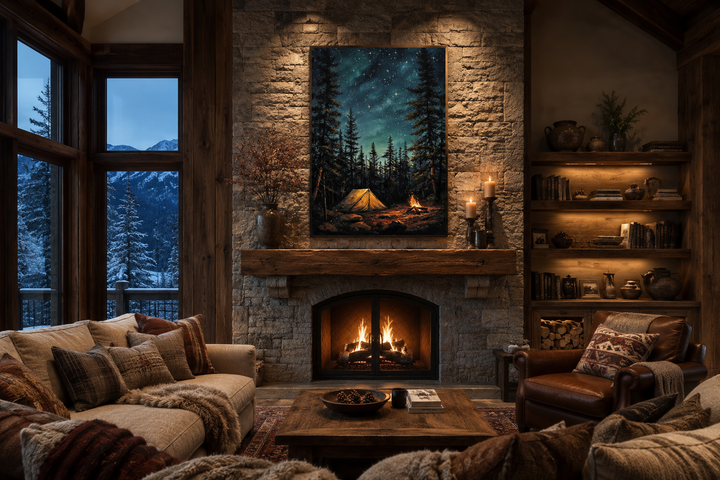 Campfire and tent in a pine forest canvas wall art hanging above a rustic stone fireplace.