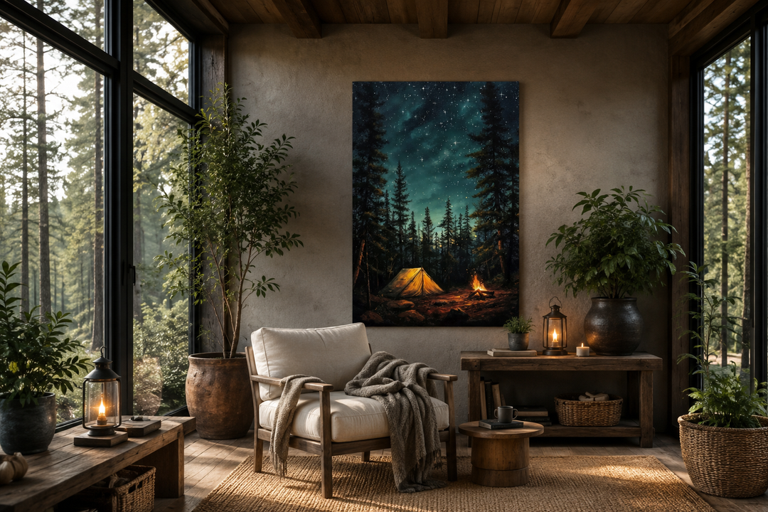 Vertical canvas art of a glowing tent and campfire in a starry pine forest, hung in a rustic room.