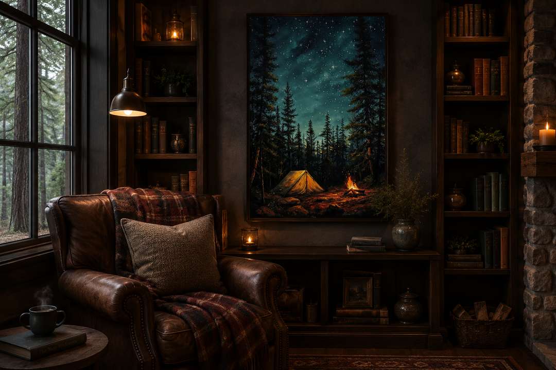 Framed canvas wall art of a campfire and tent in a pine forest at night, hung in a cozy study.