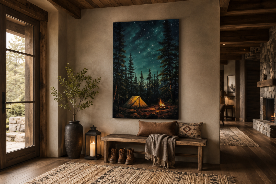 Vertical canvas art of a glowing tent and campfire in a pine forest under a starry night sky.
