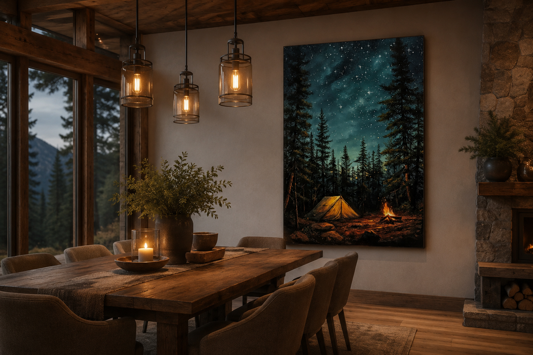 Campfire and tent in a pine forest under a starry sky canvas wall art in a rustic dining room.
