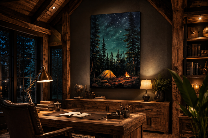 Campfire and tent in a pine forest canvas wall art hanging in a rustic wooden study.