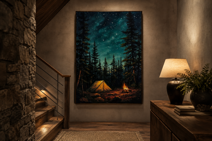 Framed canvas wall art of a glowing campfire and tent in a starry pine forest, hung in a rustic room.