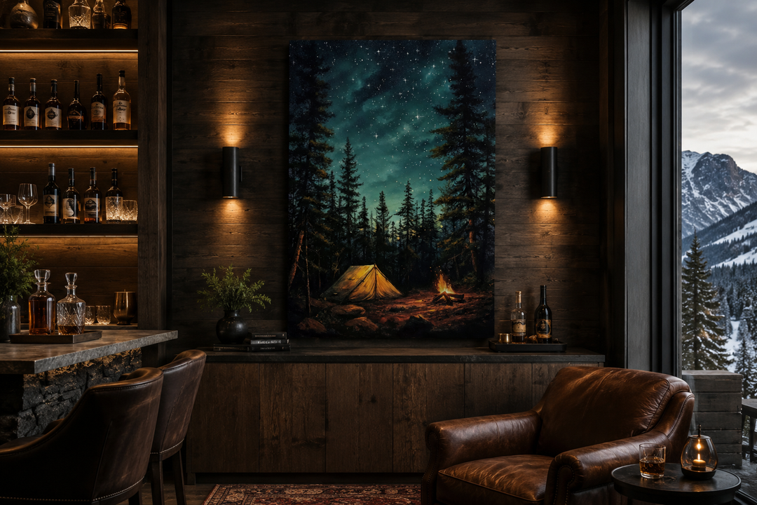 Campfire and tent in a pine forest canvas wall art displayed in a rustic cabin interior.