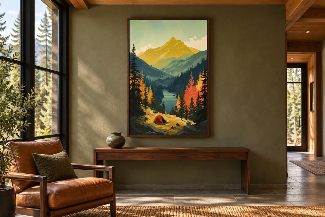 Mountain lake landscape camping tent framed canvas wall art hanging in a modern rustic living room.
