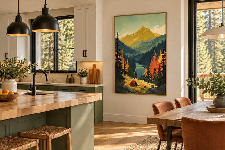 Framed canvas wall art featuring a mountain lake landscape with a camping tent in the foreground.