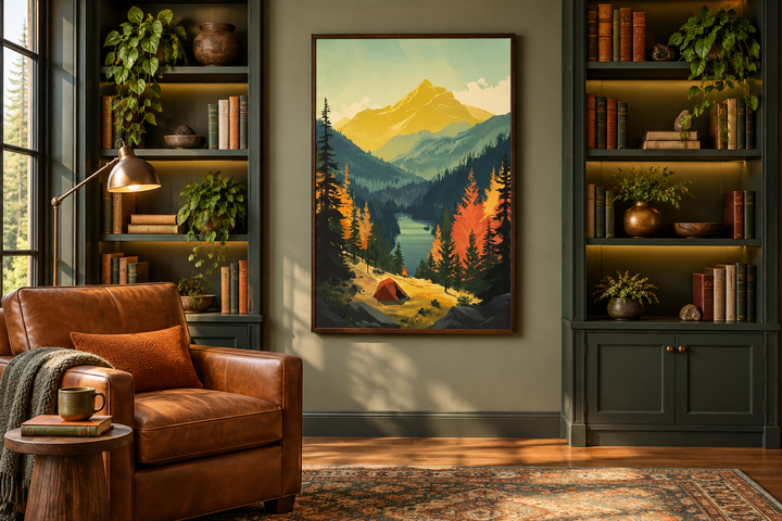 Mountain lake landscape camping tent framed canvas wall art displayed in a cozy library setting.