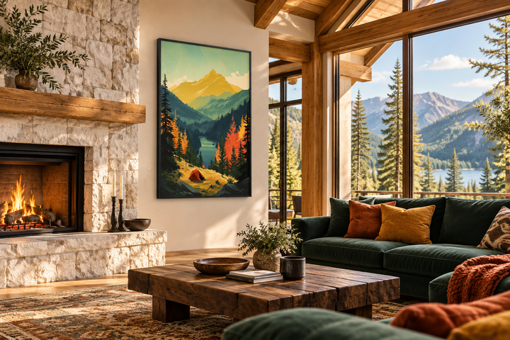 Mountain lake landscape camping tent framed canvas wall art hanging above a rustic stone fireplace.