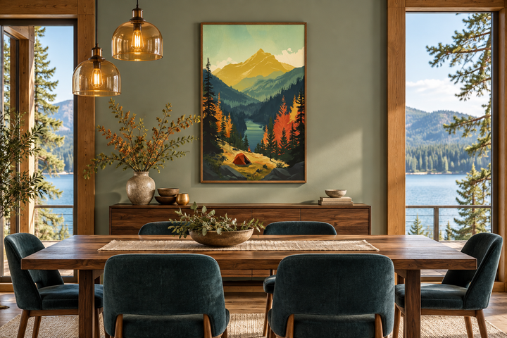 Mountain lake landscape framed canvas wall art with a camping tent scene in a dining room.