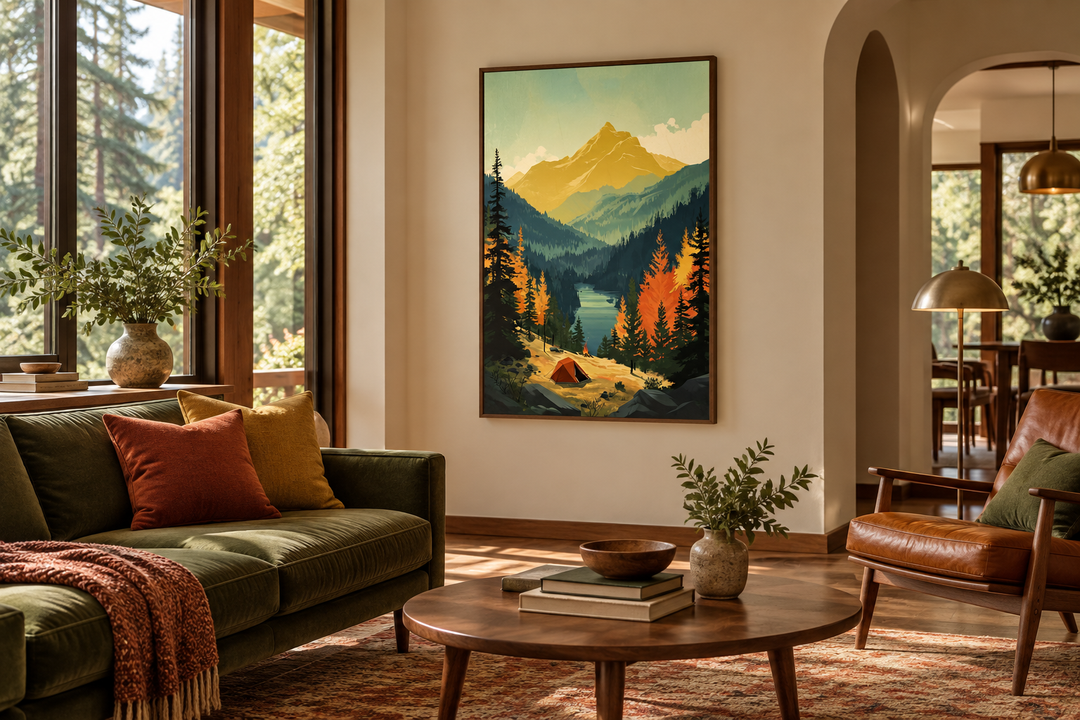 Mountain lake landscape camping tent framed canvas wall art hanging in a cozy living room.