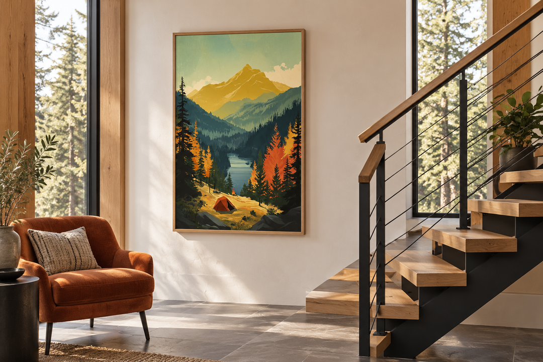 Mountain lake landscape camping tent framed canvas wall art hanging in a modern living room.
