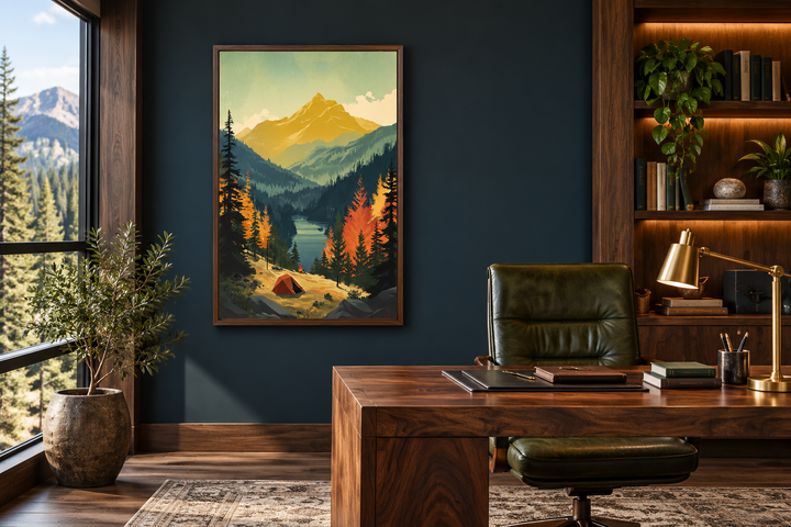 Mountain lake landscape camping tent framed canvas wall art hanging in a dark blue office.
