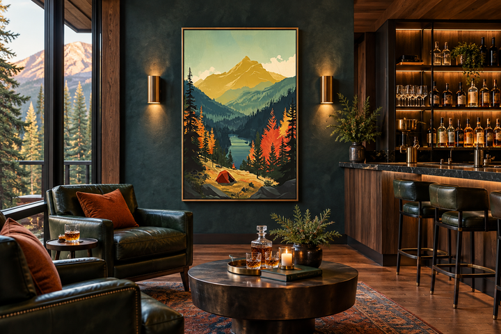 Mountain lake landscape camping tent framed canvas wall art in a dark, modern living room.
