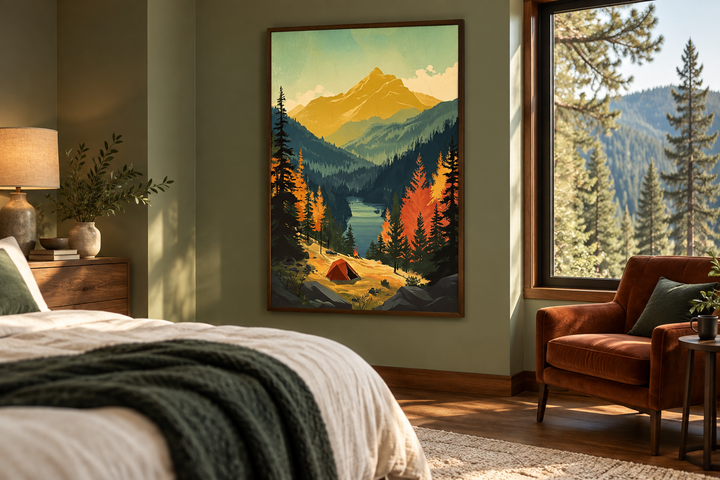 Vertical framed canvas wall art of a mountain lake landscape with a camping tent in a bedroom.