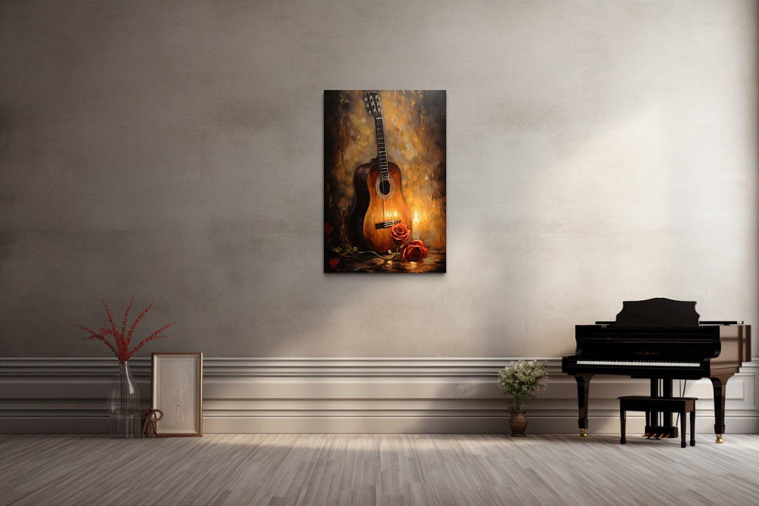 Candlelit Acoustic Guitar And Rose Framed Canvas Wall Art