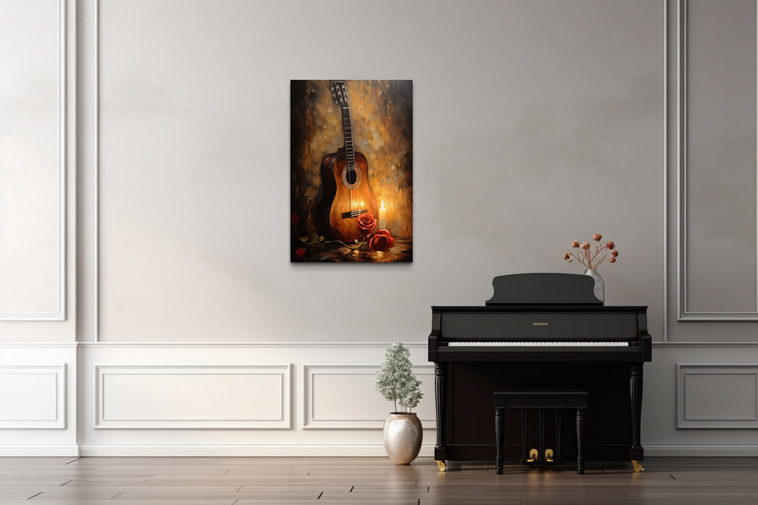 Candlelit Acoustic Guitar And Rose Framed Canvas Wall Art