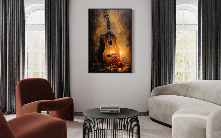 Candlelit Acoustic Guitar And Rose Framed Canvas Wall Art