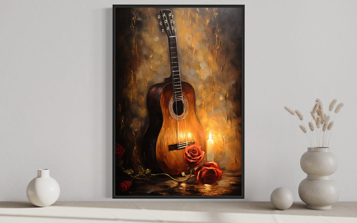 Candlelit Acoustic Guitar And Rose Framed Canvas Wall Art