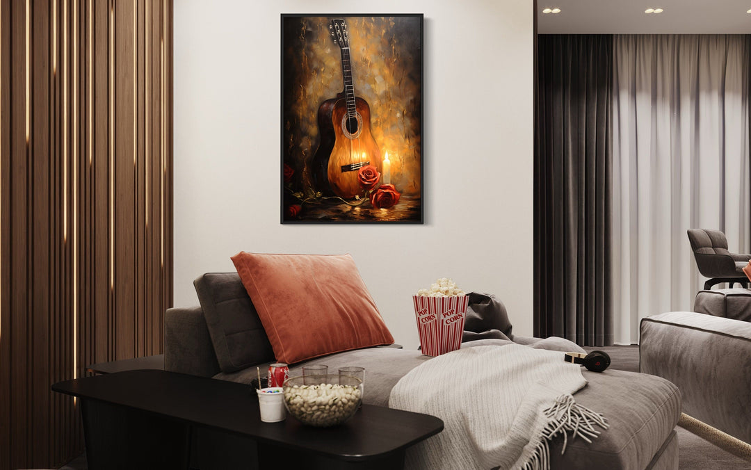 Candlelit Acoustic Guitar And Rose Framed Canvas Wall Art