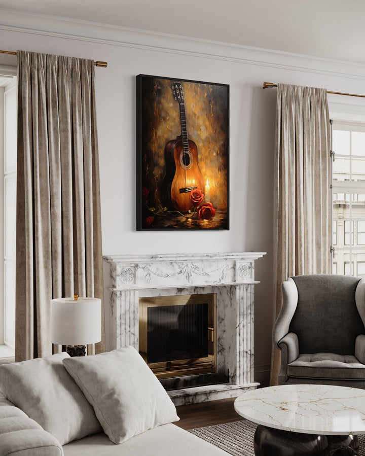 Candlelit Acoustic Guitar And Rose Framed Canvas Wall Art