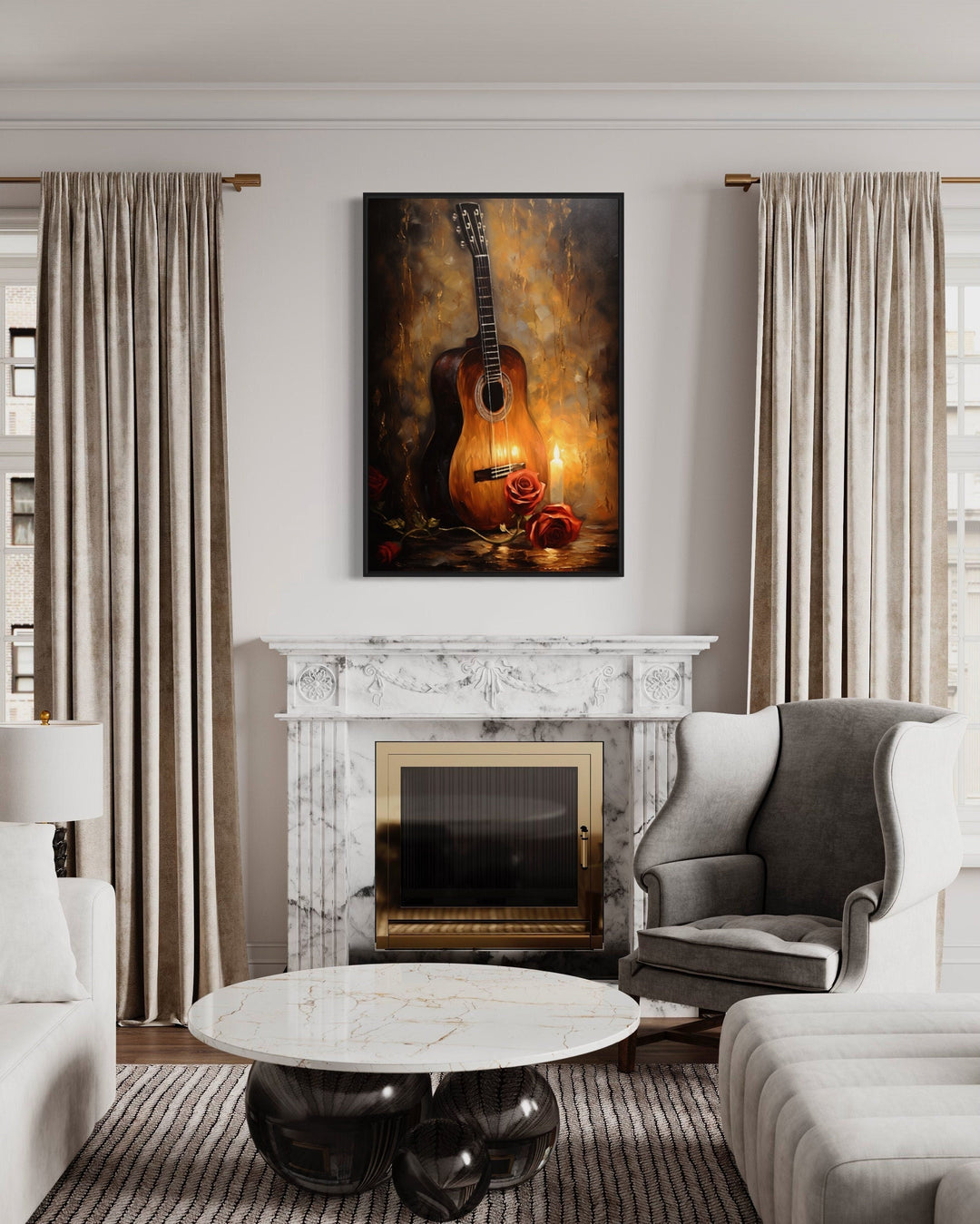 Candlelit Acoustic Guitar And Rose Framed Canvas Wall Art