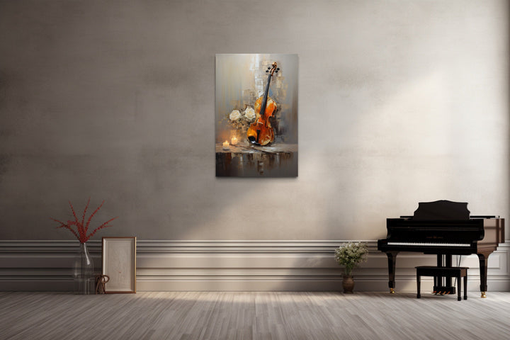 Candlelit Violin Abstract Painting Framed Canvas Wall Art