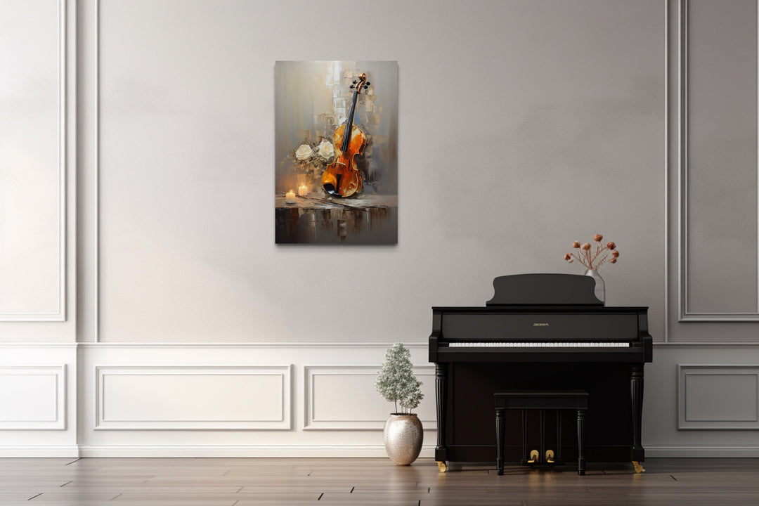 Candlelit Violin Abstract Painting Framed Canvas Wall Art