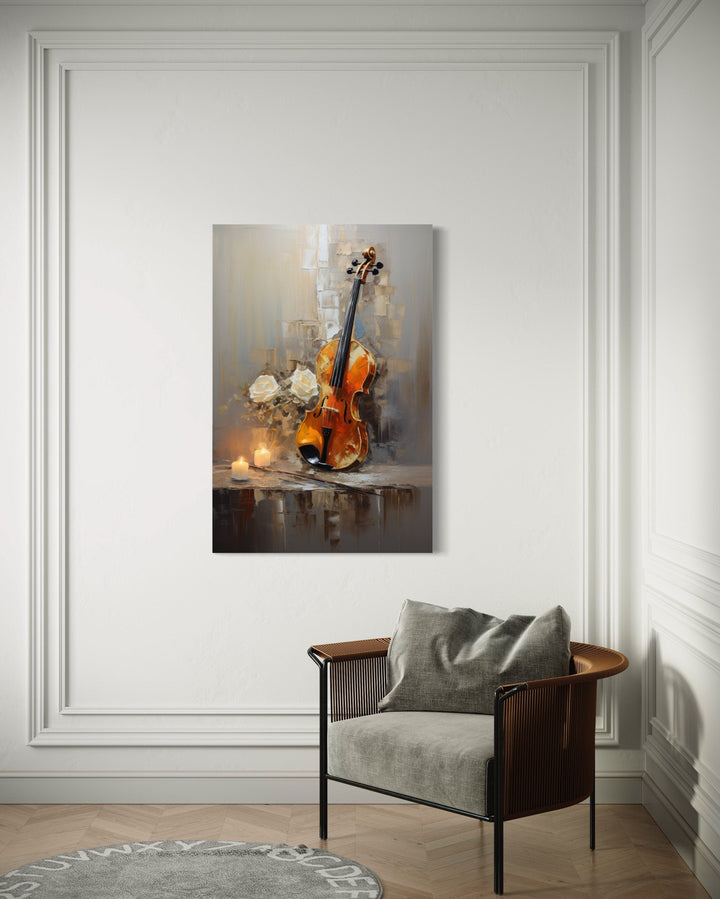 Candlelit Violin Abstract Painting Framed Canvas Wall Art