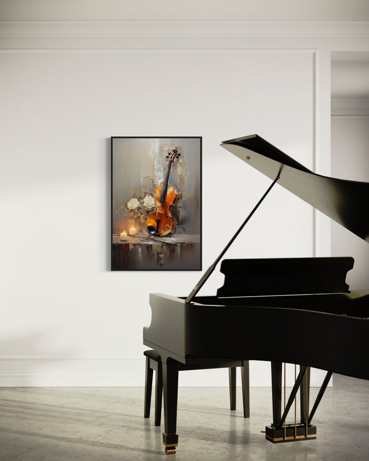 Candlelit Violin Abstract Painting Framed Canvas Wall Art