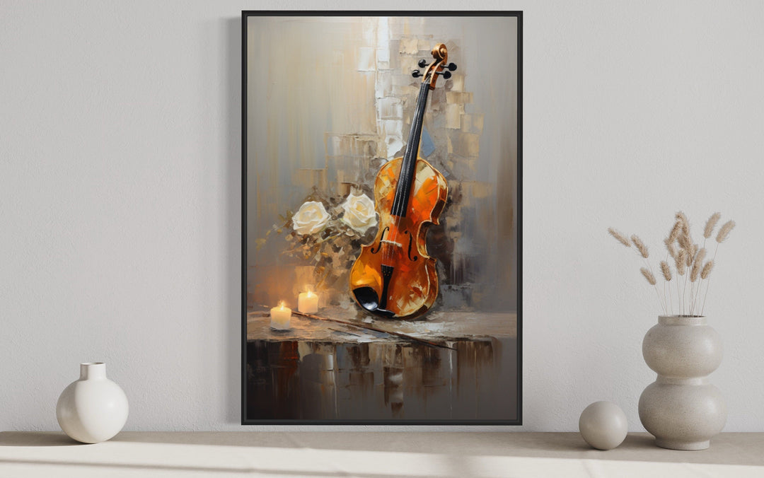 Candlelit Violin Abstract Painting Framed Canvas Wall Art