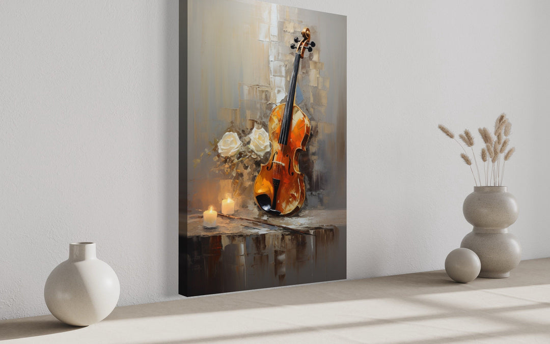 Candlelit Violin Abstract Painting Framed Canvas Wall Art