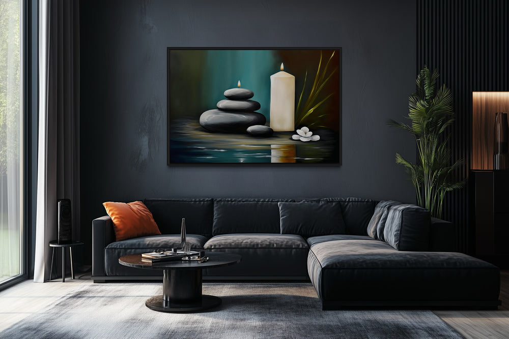 Candles And Stacked Rocks Zen Framed Canvas Wall Art
