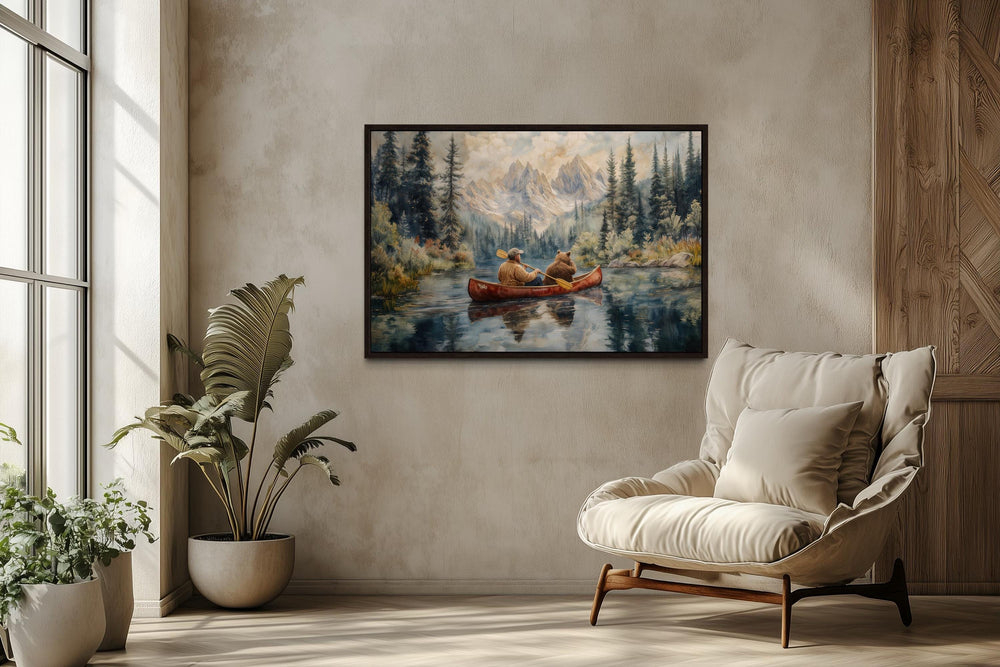 Canoe Adventure wall art with a man and bear on a mountain lake.