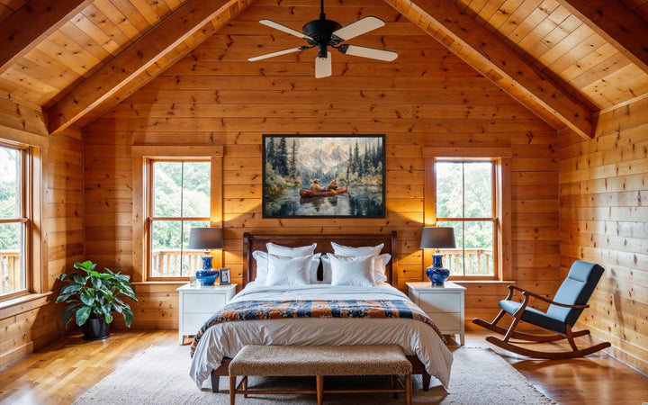 Man and bear in canoe on mountain lake wall art.